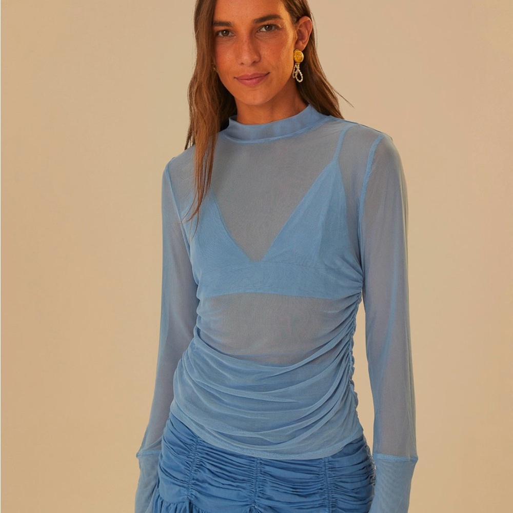✨NWT✨Farm Rio Blue Tulle Long Sleeve Blouse